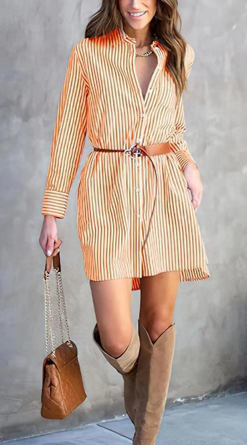 chouyatou Women's Striped Button Down Shirt Dresses Long Sleeve Casual Loose Tunic Dress Top with Pocket