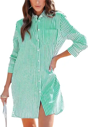 chouyatou Women's Striped Button Down Shirt Dresses Long Sleeve Casual Loose Tunic Dress Top with Pocket