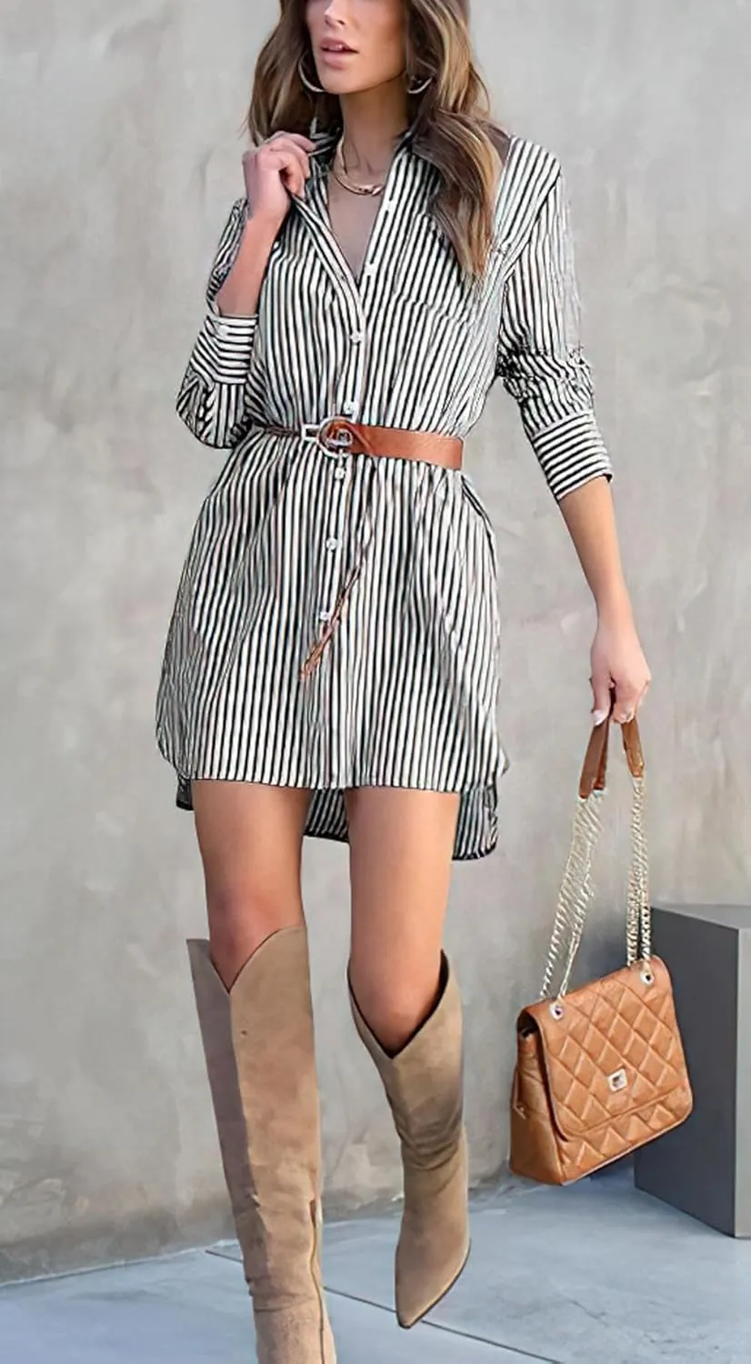chouyatou Women's Striped Button Down Shirt Dresses Long Sleeve Casual Loose Tunic Dress Top with Pocket