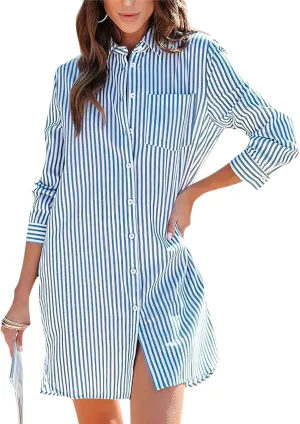chouyatou Women's Striped Button Down Shirt Dresses Long Sleeve Casual Loose Tunic Dress Top with Pocket
