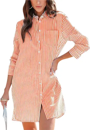 chouyatou Women's Striped Button Down Shirt Dresses Long Sleeve Casual Loose Tunic Dress Top with Pocket
