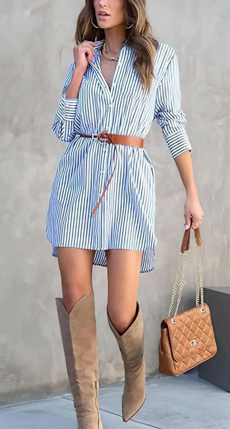 chouyatou Women's Striped Button Down Shirt Dresses Long Sleeve Casual Loose Tunic Dress Top with Pocket