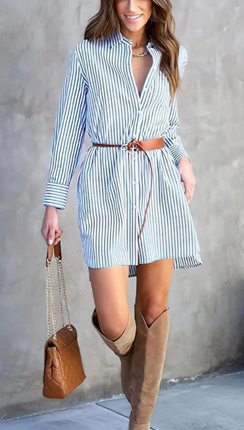 chouyatou Women's Striped Button Down Shirt Dresses Long Sleeve Casual Loose Tunic Dress Top with Pocket