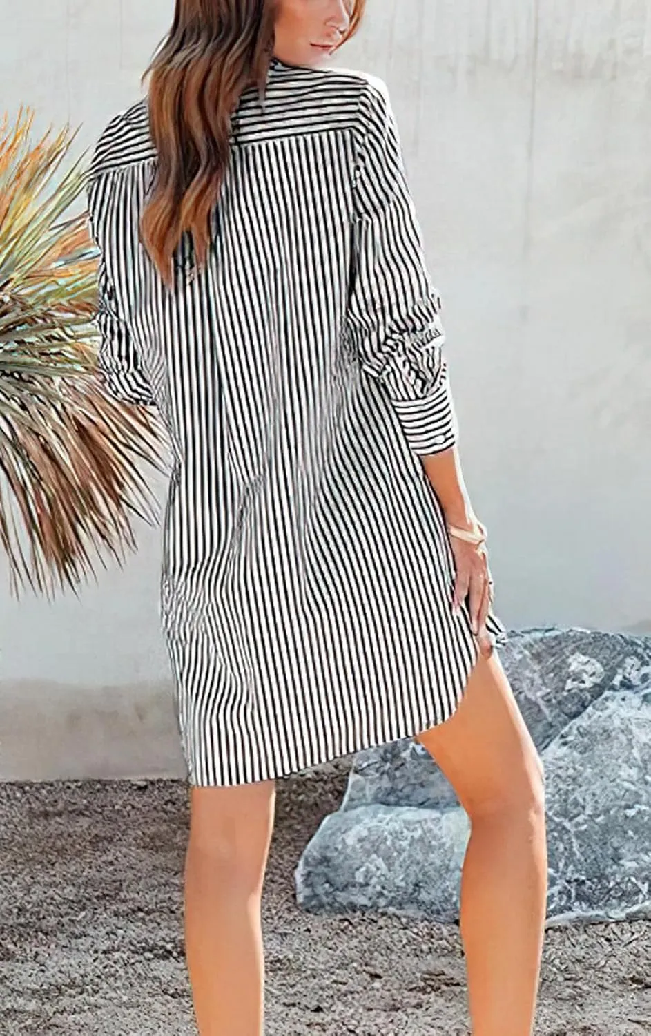 chouyatou Women's Striped Button Down Shirt Dresses Long Sleeve Casual Loose Tunic Dress Top with Pocket