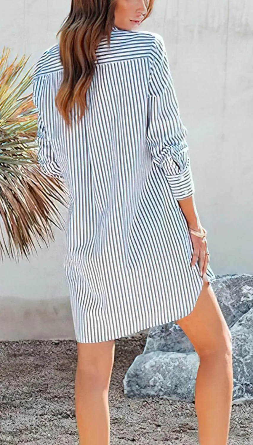 chouyatou Women's Striped Button Down Shirt Dresses Long Sleeve Casual Loose Tunic Dress Top with Pocket