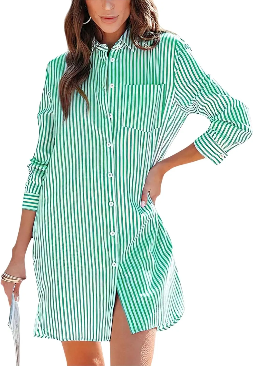 chouyatou Women's Striped Button Down Shirt Dresses Long Sleeve Casual Loose Tunic Dress Top with Pocket