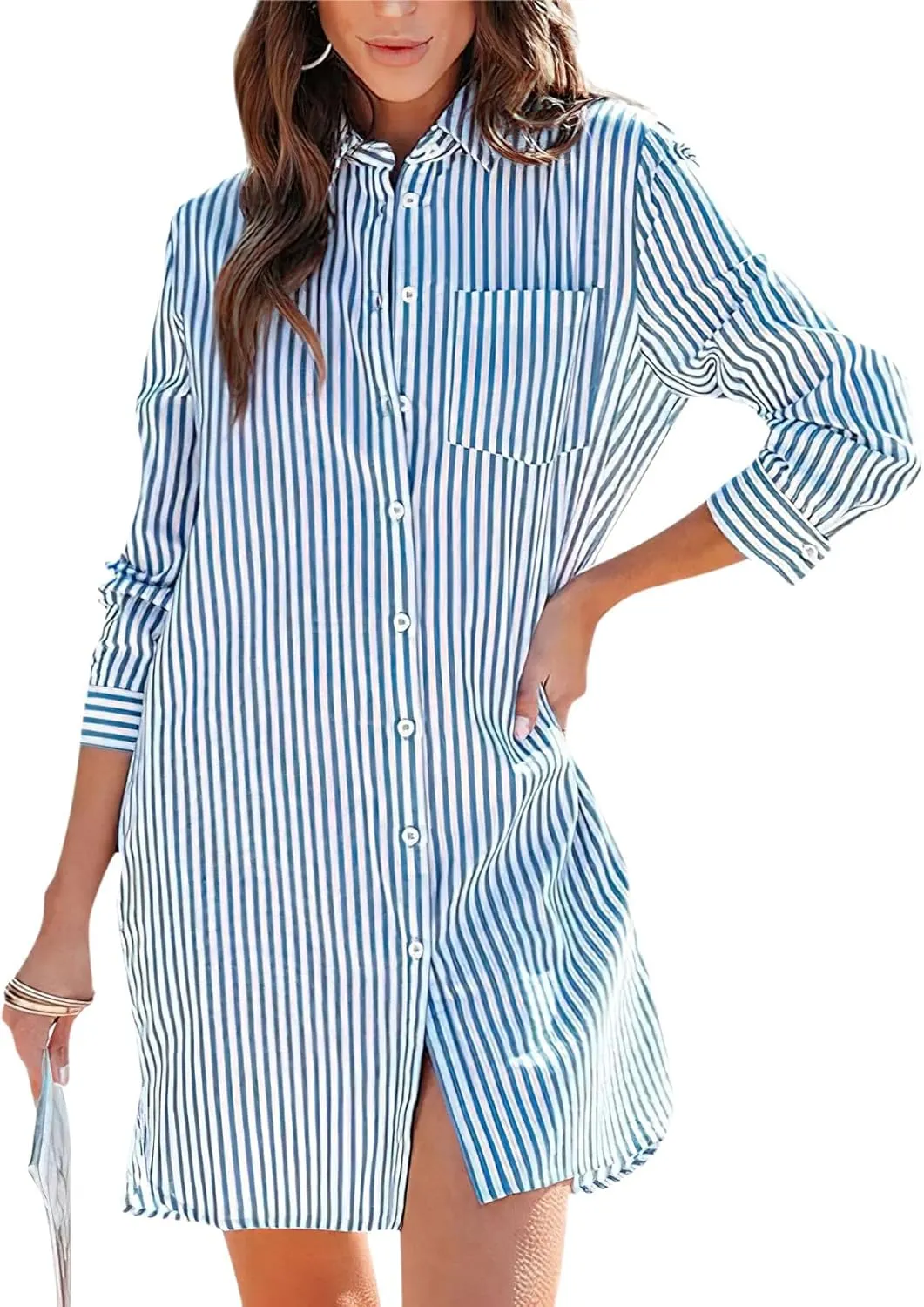 chouyatou Women's Striped Button Down Shirt Dresses Long Sleeve Casual Loose Tunic Dress Top with Pocket