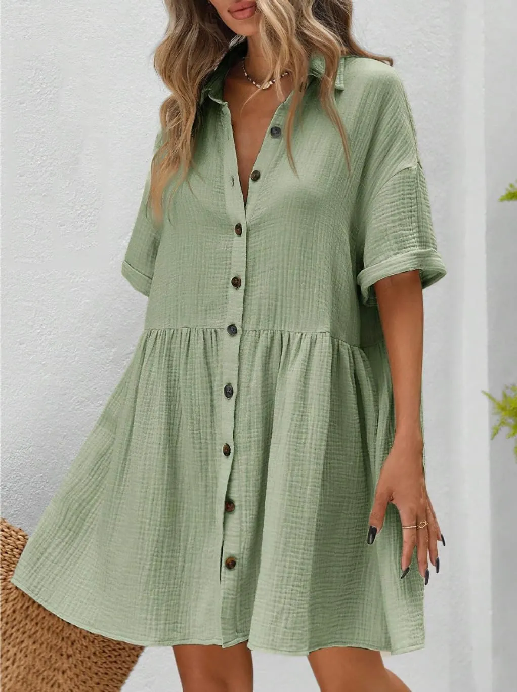 chouyatou Women's Summer Linen Button Front Shirt Dresses Casual Babydoll Cute Cotton Lapel Midi Dress