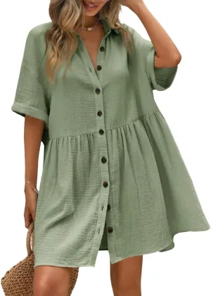 chouyatou Women's Summer Linen Button Front Shirt Dresses Casual Babydoll Cute Cotton Lapel Midi Dress