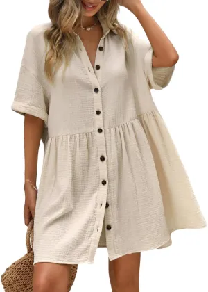 chouyatou Women's Summer Linen Button Front Shirt Dresses Casual Babydoll Cute Cotton Lapel Midi Dress