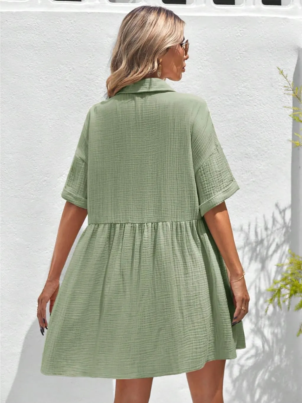 chouyatou Women's Summer Linen Button Front Shirt Dresses Casual Babydoll Cute Cotton Lapel Midi Dress