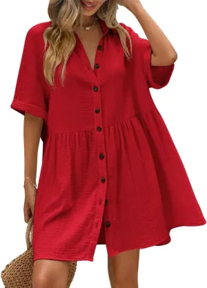chouyatou Women's Summer Linen Button Front Shirt Dresses Casual Babydoll Cute Cotton Lapel Midi Dress