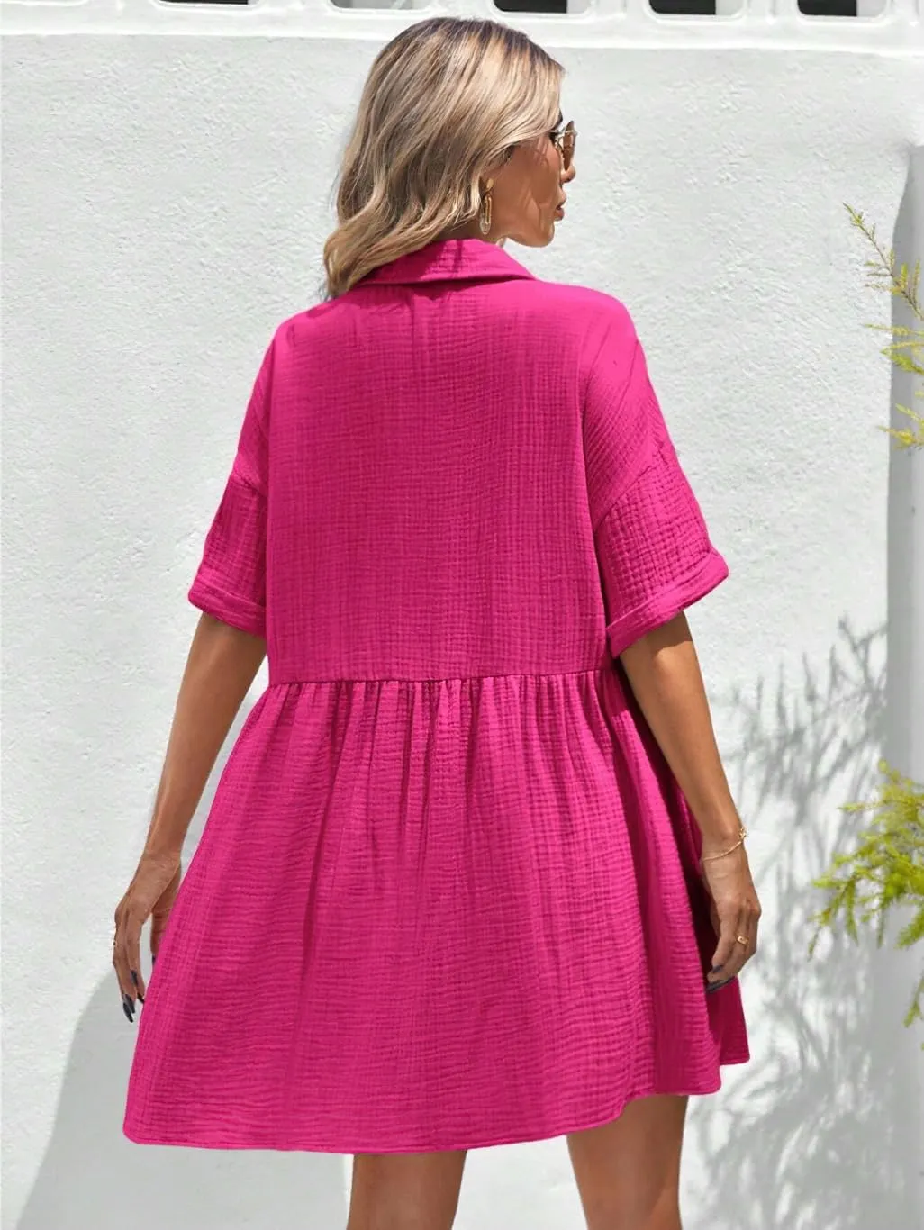 chouyatou Women's Summer Linen Button Front Shirt Dresses Casual Babydoll Cute Cotton Lapel Midi Dress