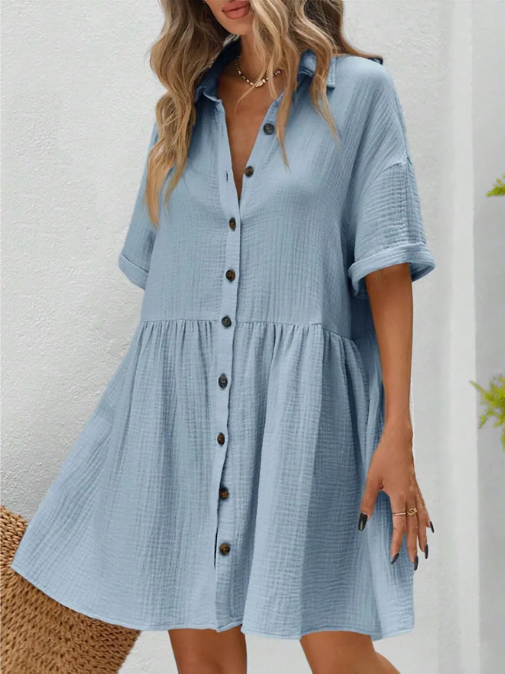 chouyatou Women's Summer Linen Button Front Shirt Dresses Casual Babydoll Cute Cotton Lapel Midi Dress