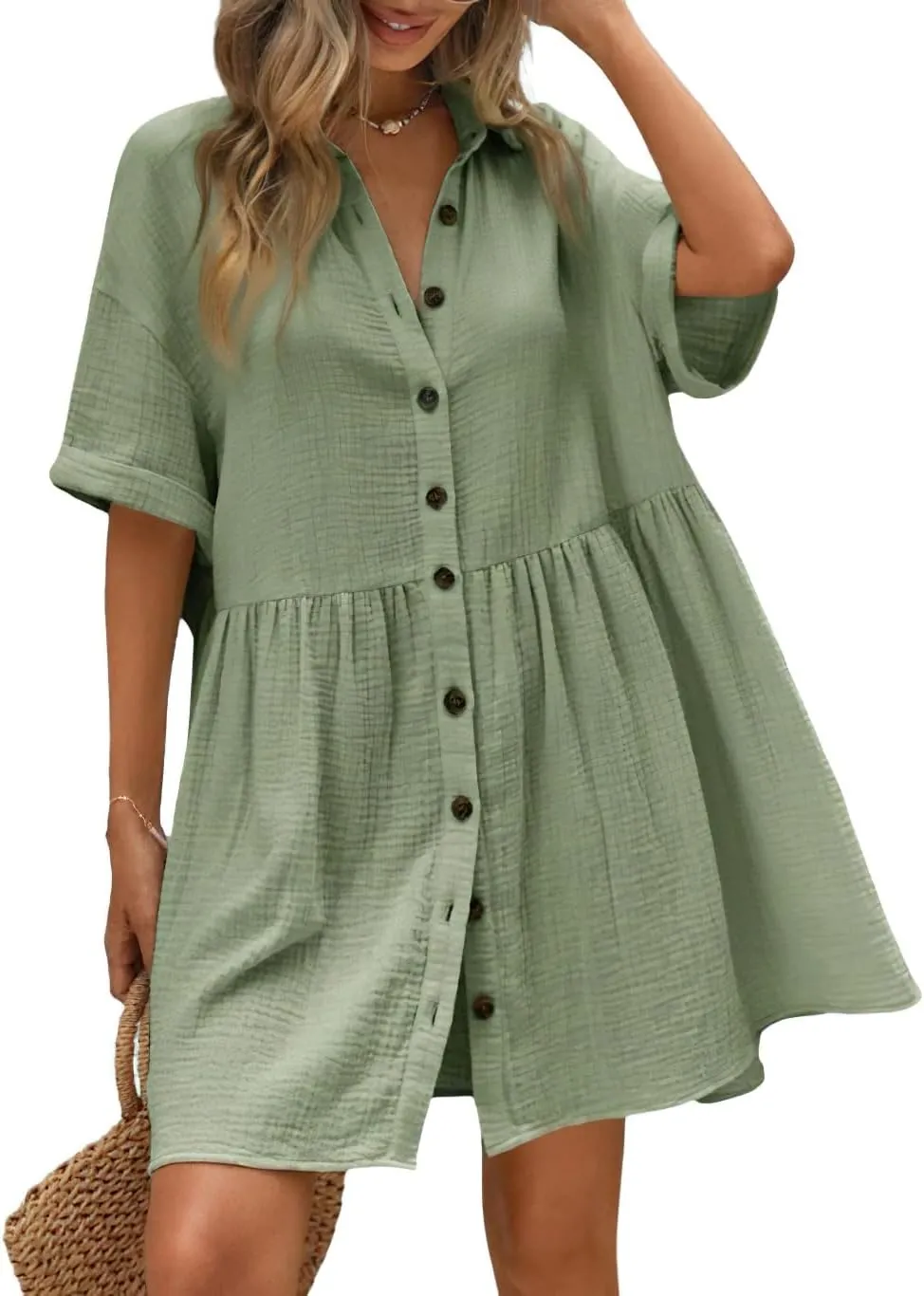 chouyatou Women's Summer Linen Button Front Shirt Dresses Casual Babydoll Cute Cotton Lapel Midi Dress