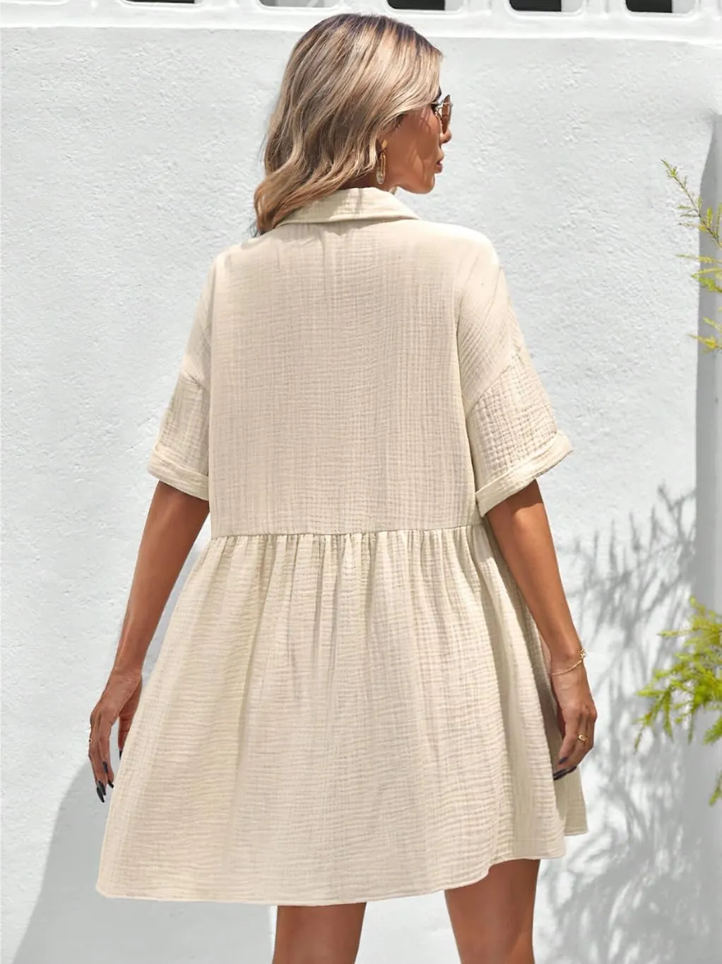 chouyatou Women's Summer Linen Button Front Shirt Dresses Casual Babydoll Cute Cotton Lapel Midi Dress