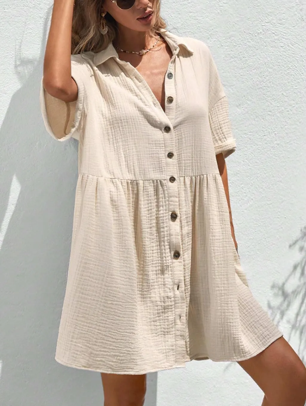 chouyatou Women's Summer Linen Button Front Shirt Dresses Casual Babydoll Cute Cotton Lapel Midi Dress