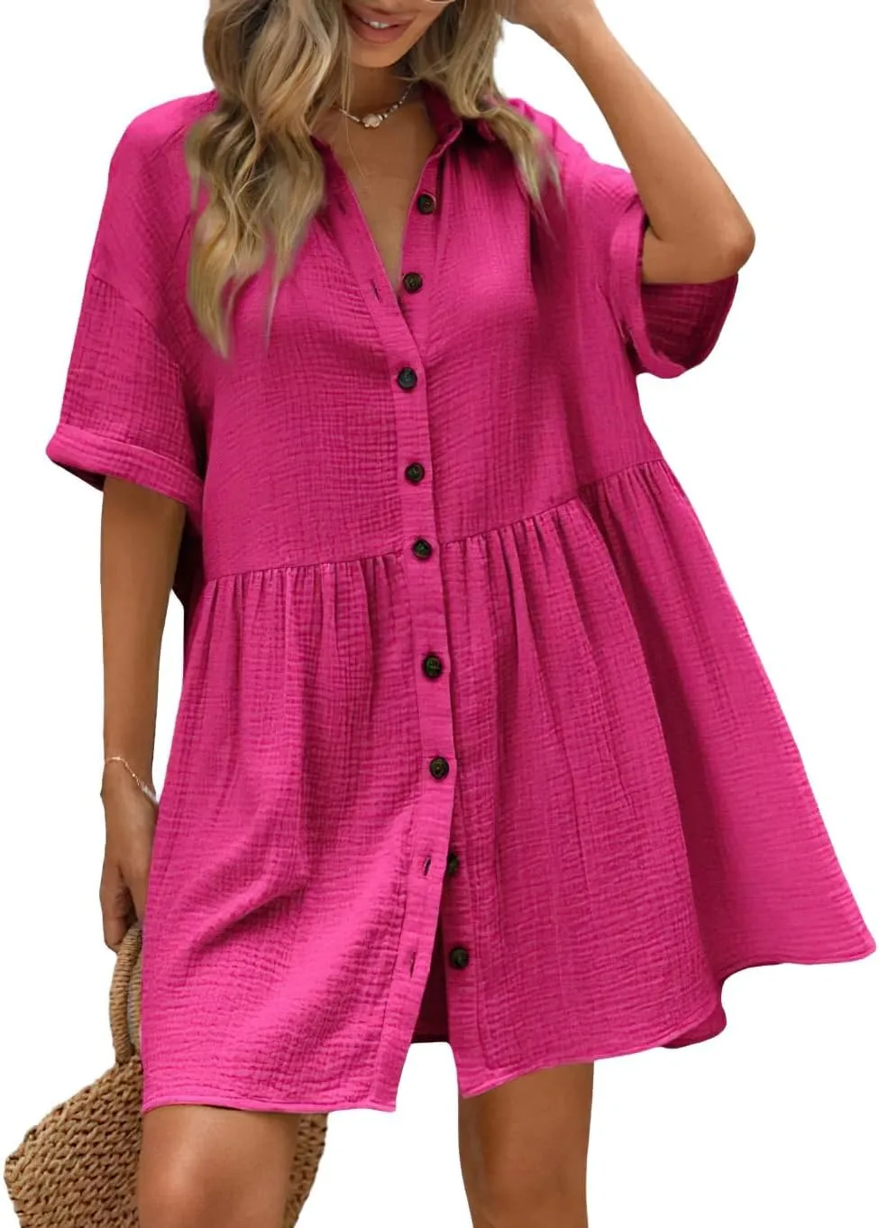 chouyatou Women's Summer Linen Button Front Shirt Dresses Casual Babydoll Cute Cotton Lapel Midi Dress