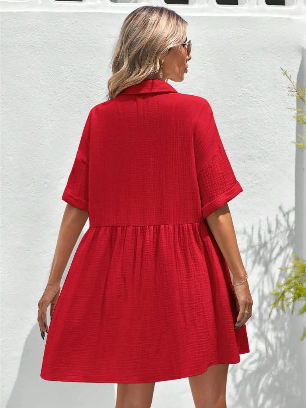 chouyatou Women's Summer Linen Button Front Shirt Dresses Casual Babydoll Cute Cotton Lapel Midi Dress