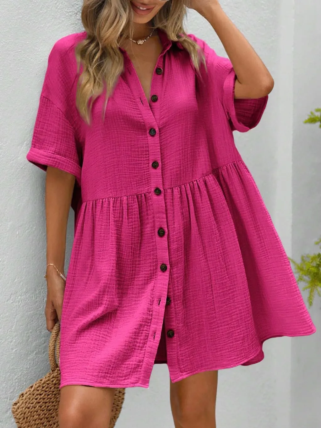 chouyatou Women's Summer Linen Button Front Shirt Dresses Casual Babydoll Cute Cotton Lapel Midi Dress