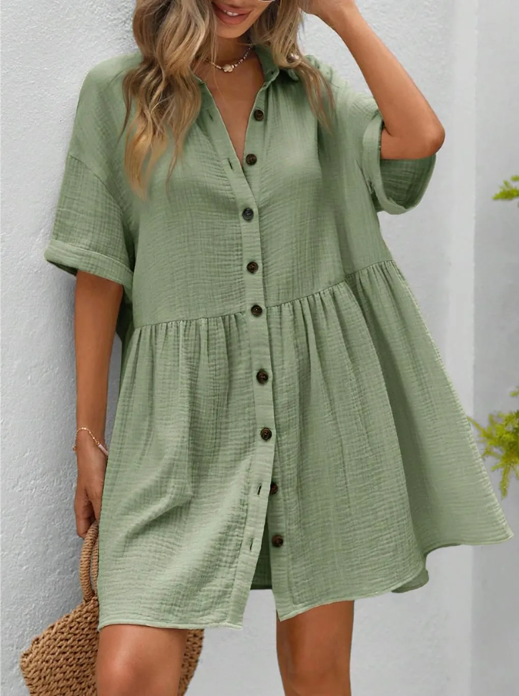chouyatou Women's Summer Linen Button Front Shirt Dresses Casual Babydoll Cute Cotton Lapel Midi Dress