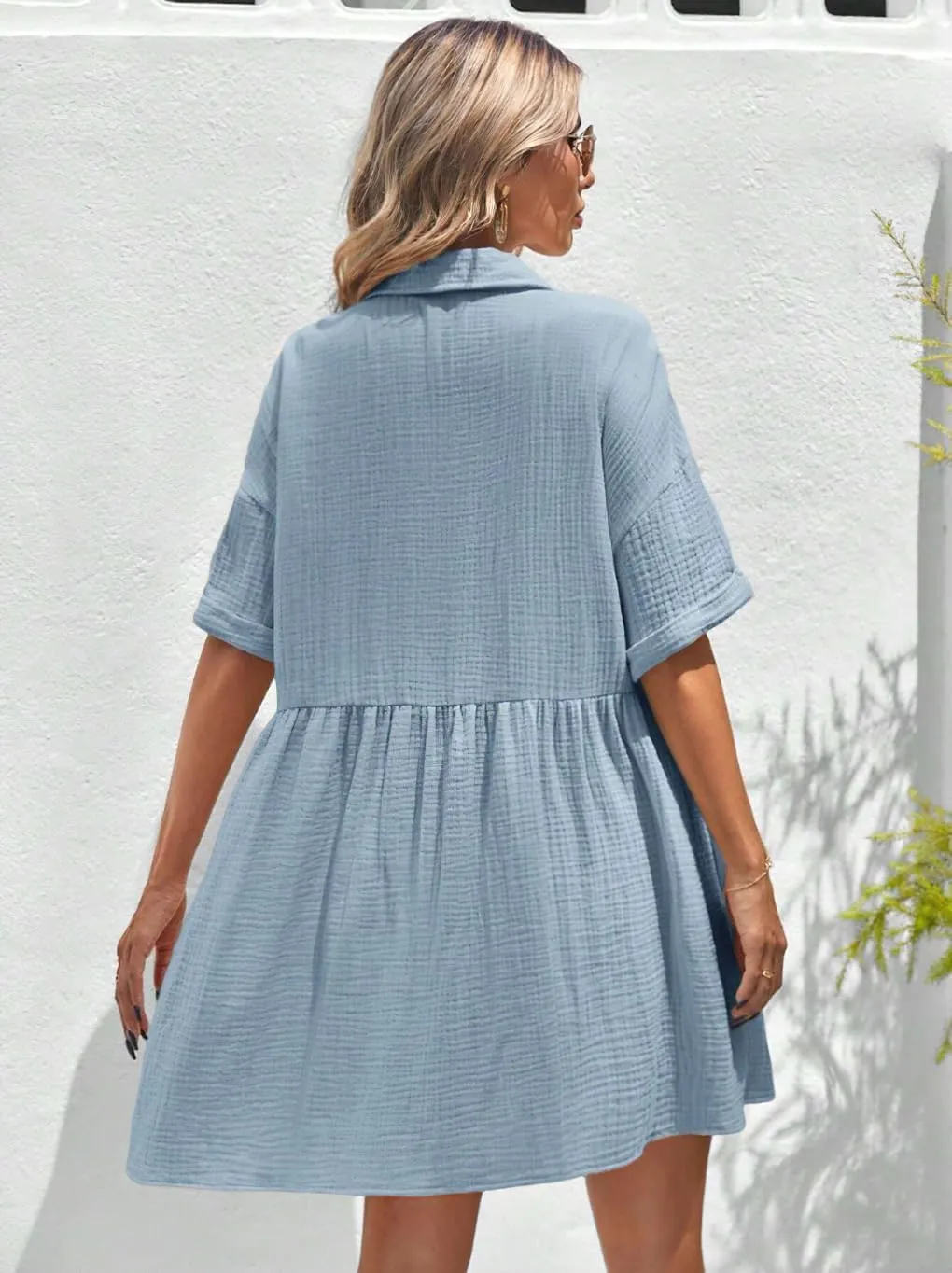chouyatou Women's Summer Linen Button Front Shirt Dresses Casual Babydoll Cute Cotton Lapel Midi Dress