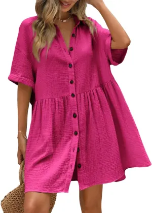 chouyatou Women's Summer Linen Button Front Shirt Dresses Casual Babydoll Cute Cotton Lapel Midi Dress