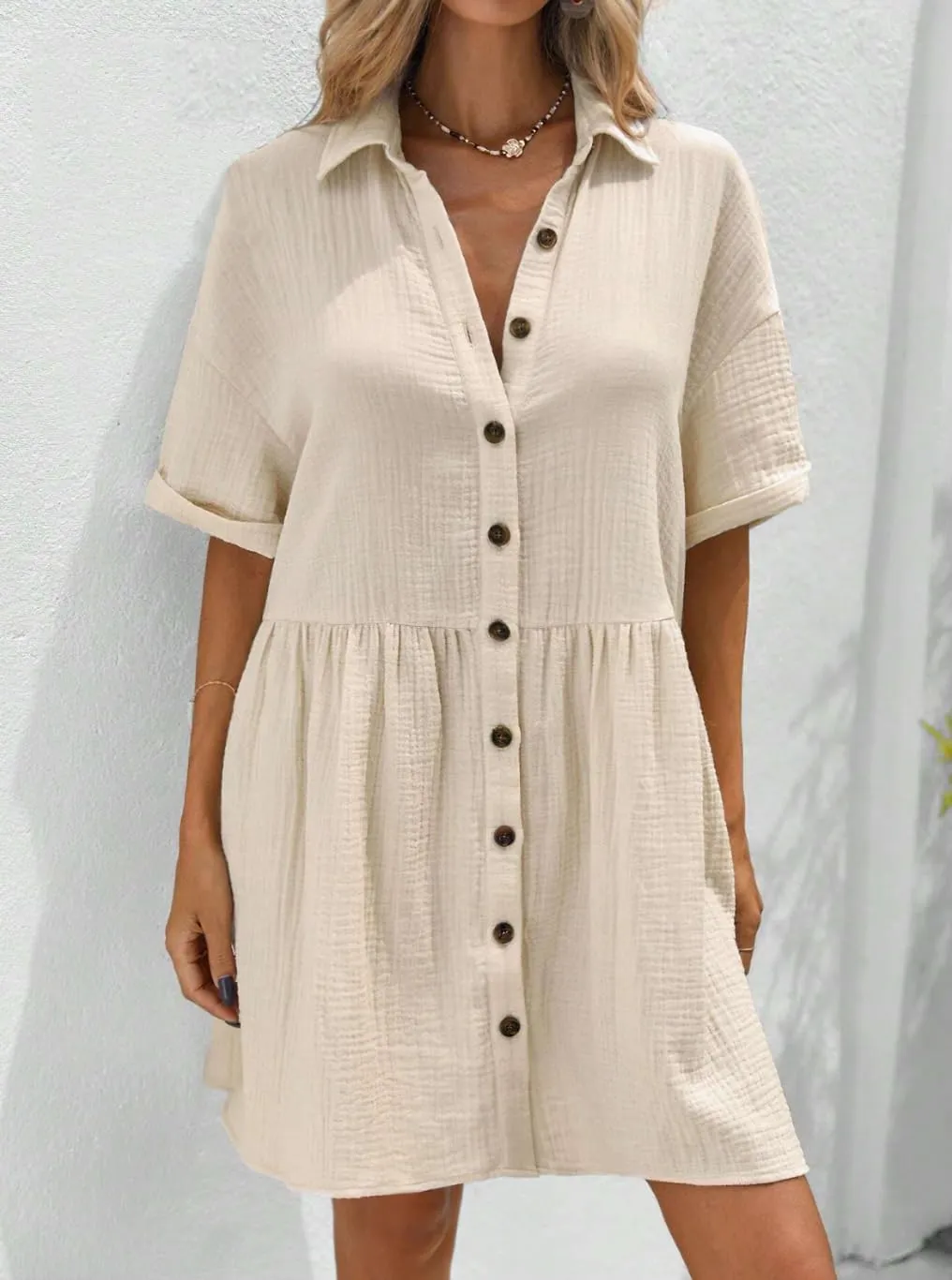 chouyatou Women's Summer Linen Button Front Shirt Dresses Casual Babydoll Cute Cotton Lapel Midi Dress