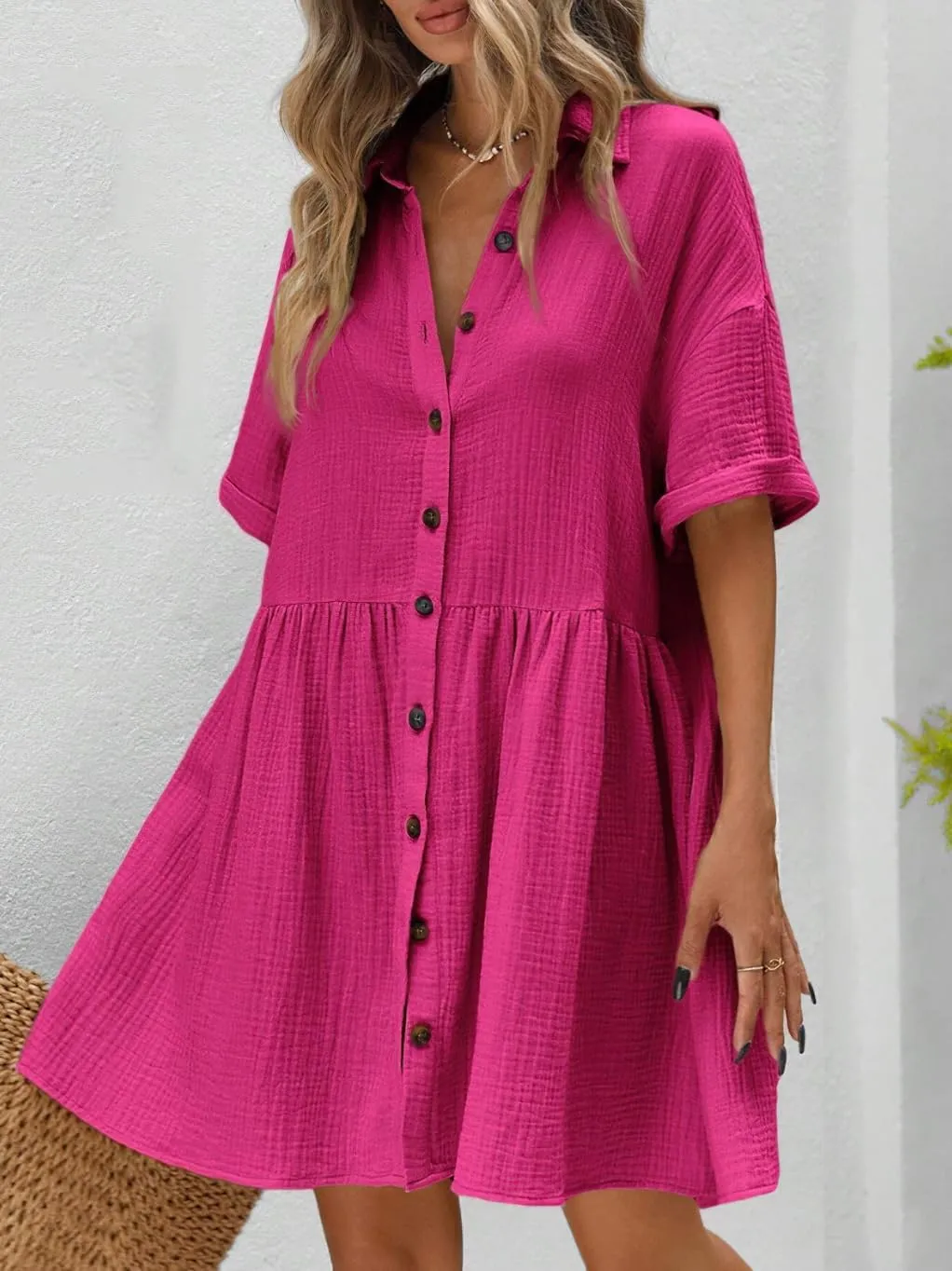 chouyatou Women's Summer Linen Button Front Shirt Dresses Casual Babydoll Cute Cotton Lapel Midi Dress