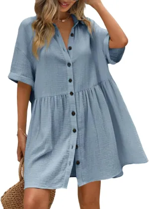 chouyatou Women's Summer Linen Button Front Shirt Dresses Casual Babydoll Cute Cotton Lapel Midi Dress