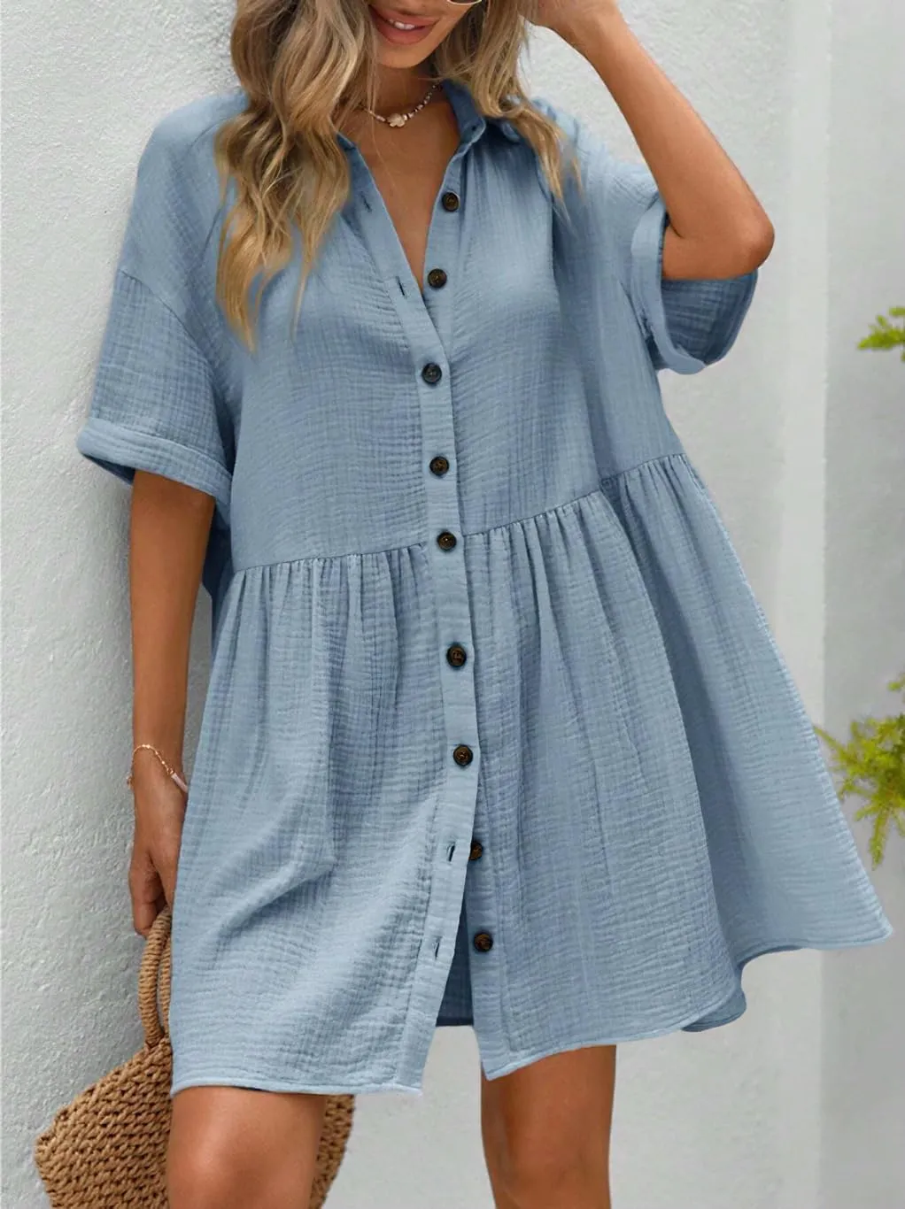 chouyatou Women's Summer Linen Button Front Shirt Dresses Casual Babydoll Cute Cotton Lapel Midi Dress