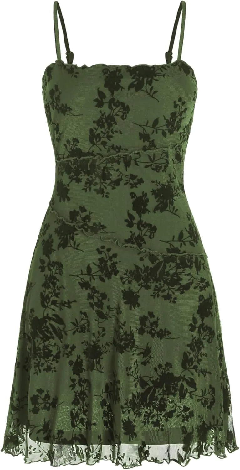 CIDER Women's Summer Mini Dress Floral Dresses Sleeveless Lace Mesh Square Neck Spaghetti Strap Short Party Dresses