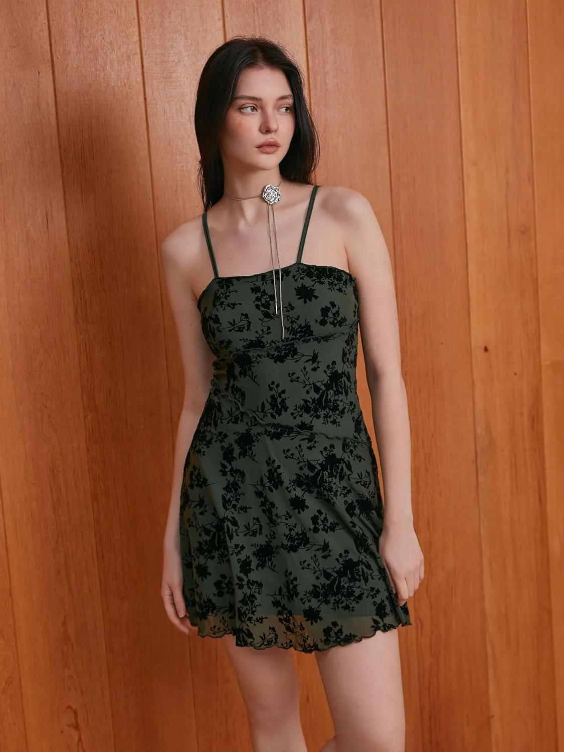 CIDER Women's Summer Mini Dress Floral Dresses Sleeveless Lace Mesh Square Neck Spaghetti Strap Short Party Dresses