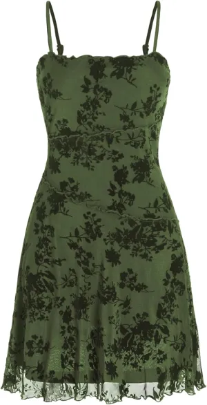 CIDER Women's Summer Mini Dress Floral Dresses Sleeveless Lace Mesh Square Neck Spaghetti Strap Short Party Dresses