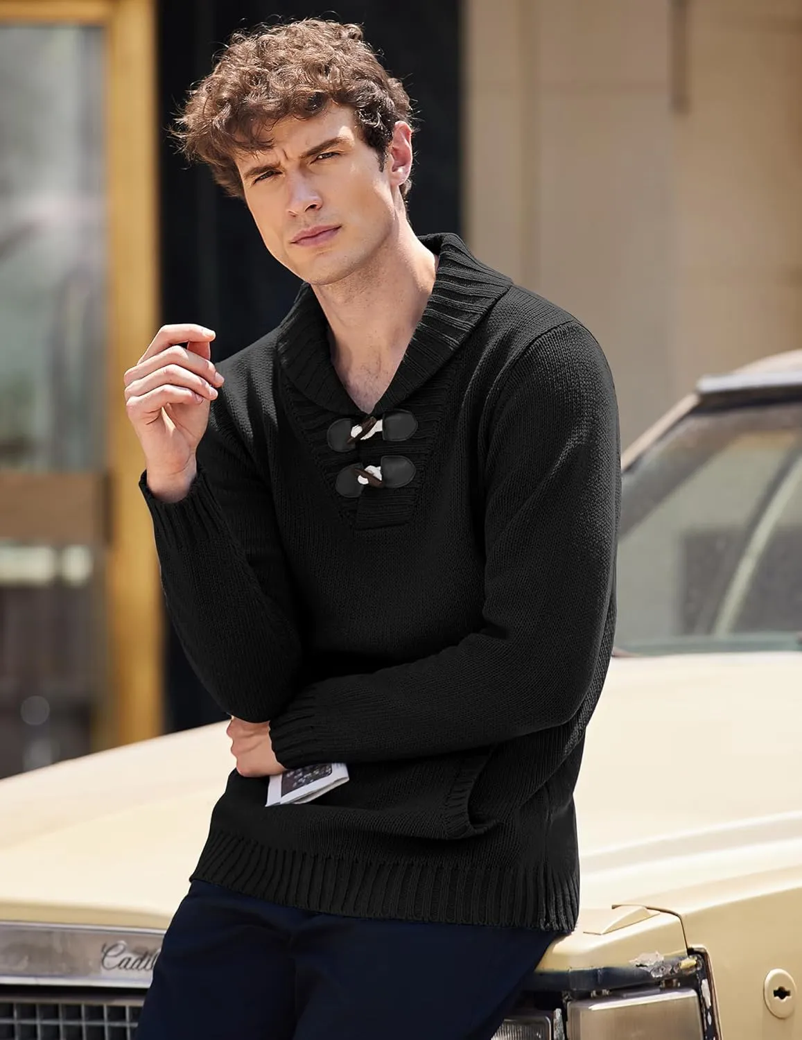 COOFANDY Men's Shawl Collar Pullover Sweater Relaxed Fit Casual Cotton Cable Knit Sweaters with Pockets