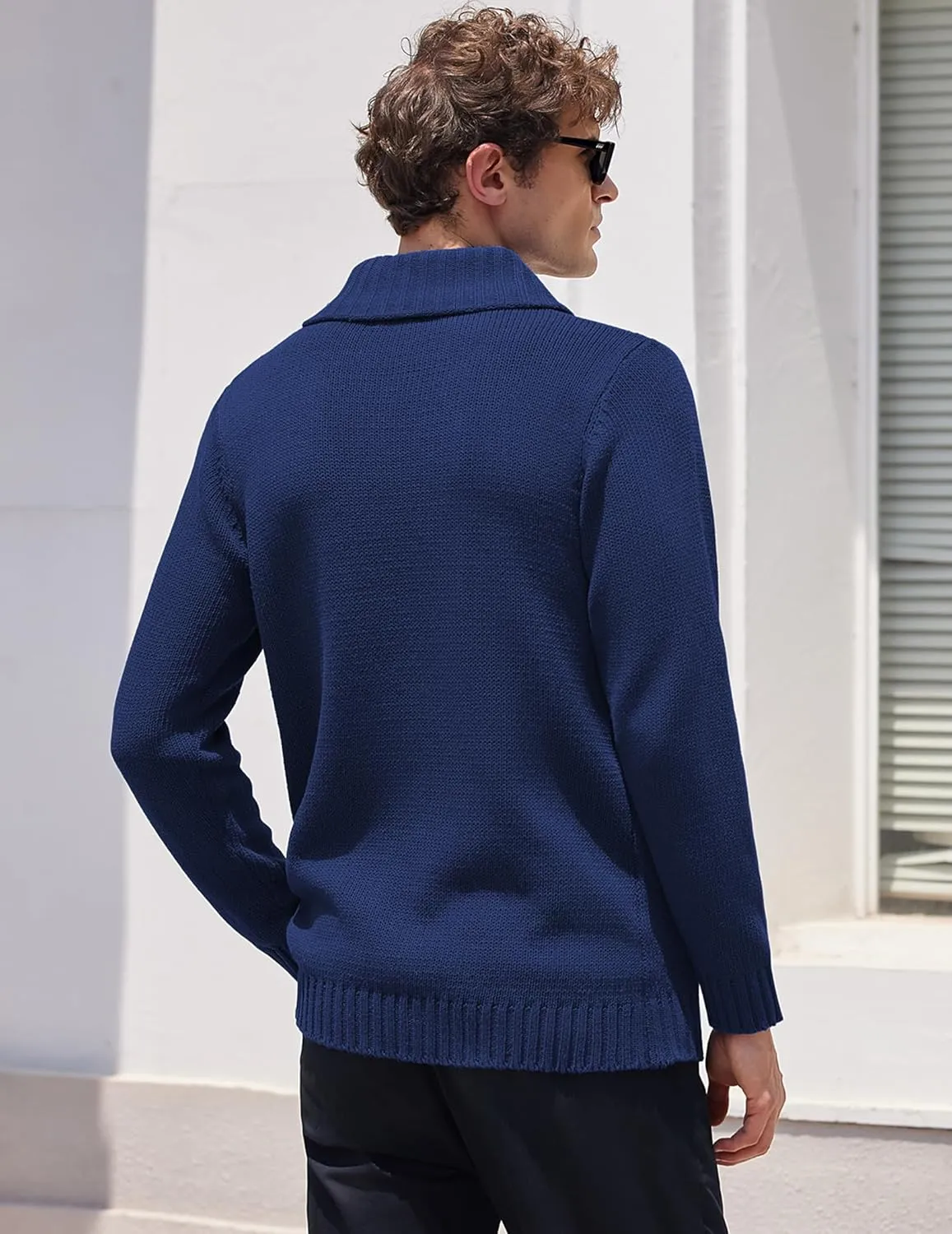 COOFANDY Men's Shawl Collar Pullover Sweater Relaxed Fit Casual Cotton Cable Knit Sweaters with Pockets