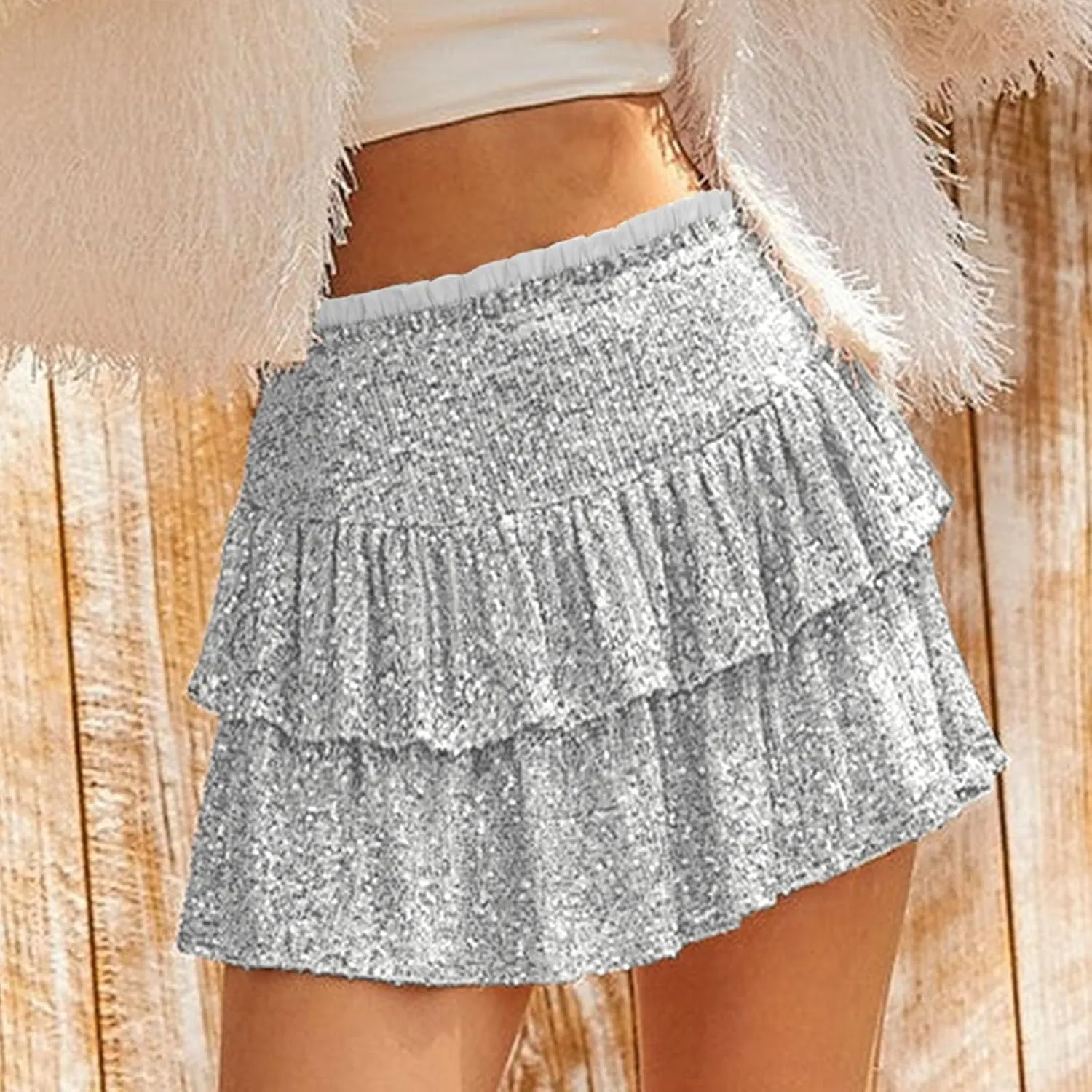 cooki Sequin Skirts for Women, Sexy Sparkly Mini Pleated Skirt Womens Glitter Layered Short Skirt for Xmas Holiday Party