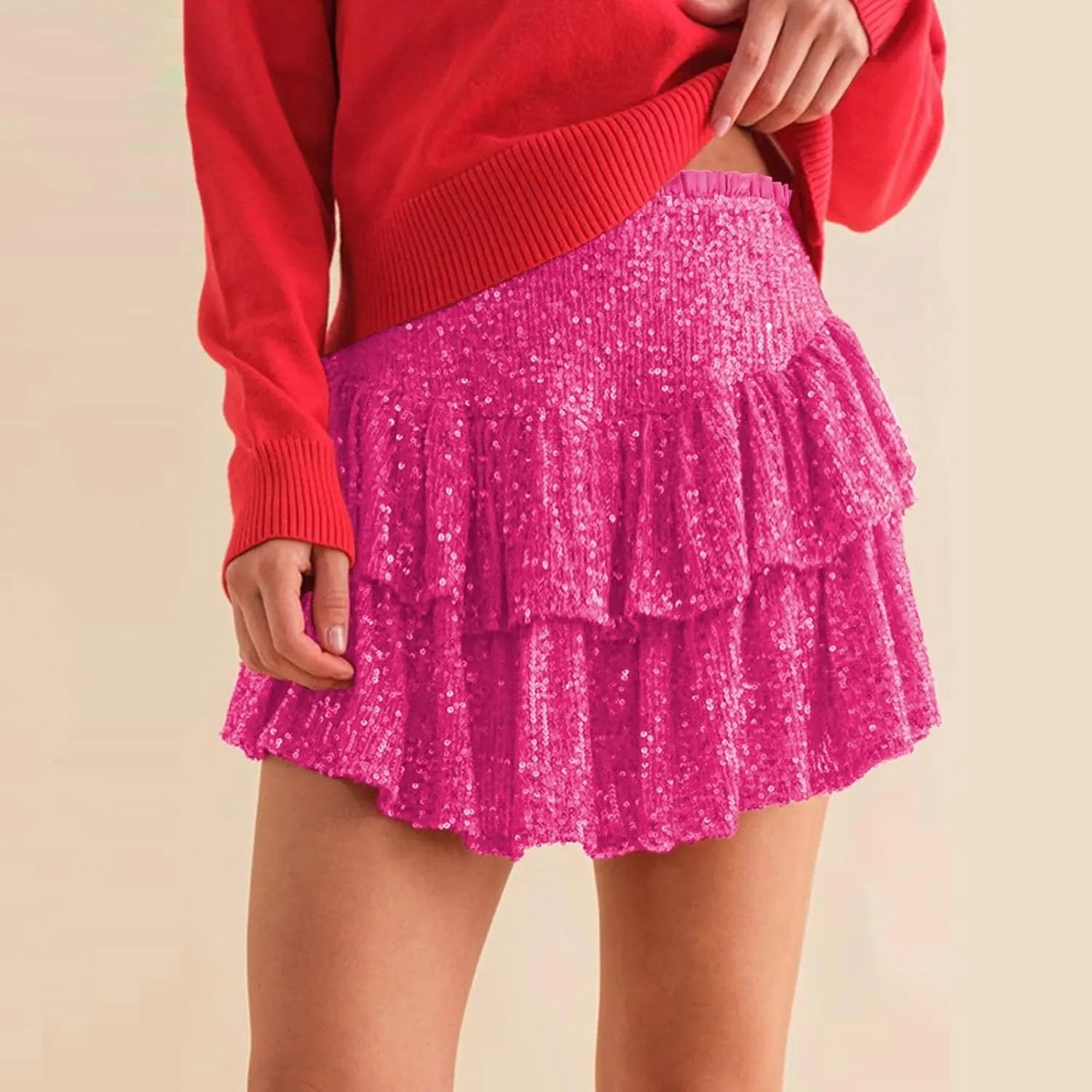 cooki Sequin Skirts for Women, Sexy Sparkly Mini Pleated Skirt Womens Glitter Layered Short Skirt for Xmas Holiday Party