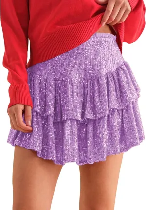 cooki Sequin Skirts for Women, Sexy Sparkly Mini Pleated Skirt Womens Glitter Layered Short Skirt for Xmas Holiday Party
