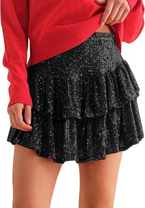 cooki Sequin Skirts for Women, Sexy Sparkly Mini Pleated Skirt Womens Glitter Layered Short Skirt for Xmas Holiday Party