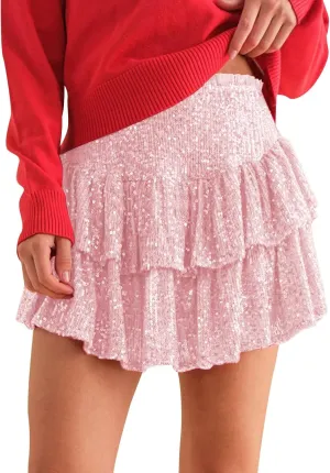 cooki Sequin Skirts for Women, Sexy Sparkly Mini Pleated Skirt Womens Glitter Layered Short Skirt for Xmas Holiday Party