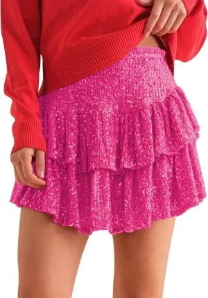 cooki Sequin Skirts for Women, Sexy Sparkly Mini Pleated Skirt Womens Glitter Layered Short Skirt for Xmas Holiday Party