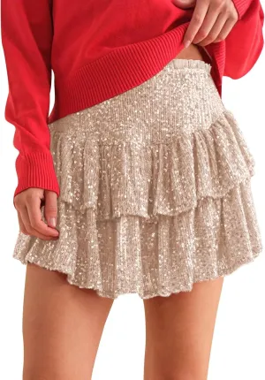 cooki Sequin Skirts for Women, Sexy Sparkly Mini Pleated Skirt Womens Glitter Layered Short Skirt for Xmas Holiday Party
