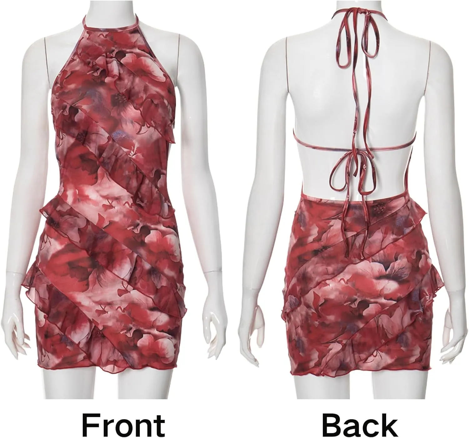 CORIRESHA Women's Sexy Backless Tie Floral Layered Ruffled Party Mini Halter Dresses