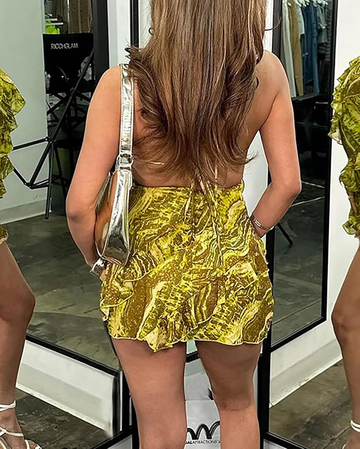 CORIRESHA Women's Sexy Backless Tie Floral Layered Ruffled Party Mini Halter Dresses