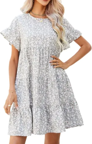 CORIRESHA Women's Summer Floral Print Ruffle Short Sleeves Crewneck Casual Babydoll Mini Dress