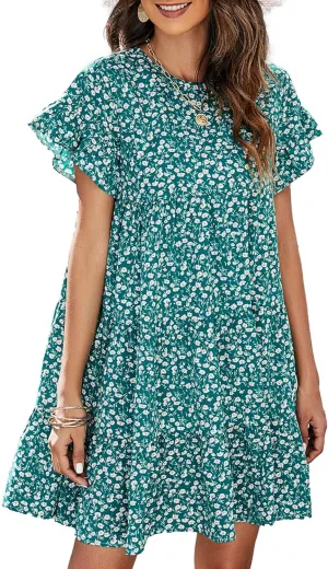 CORIRESHA Women's Summer Floral Print Ruffle Short Sleeves Crewneck Casual Babydoll Mini Dress