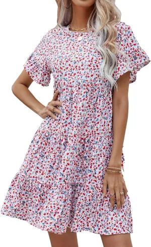 CORIRESHA Women's Summer Floral Print Ruffle Short Sleeves Crewneck Casual Babydoll Mini Dress