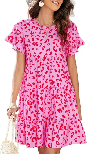 CORIRESHA Women's Summer Floral Print Ruffle Short Sleeves Crewneck Casual Babydoll Mini Dress