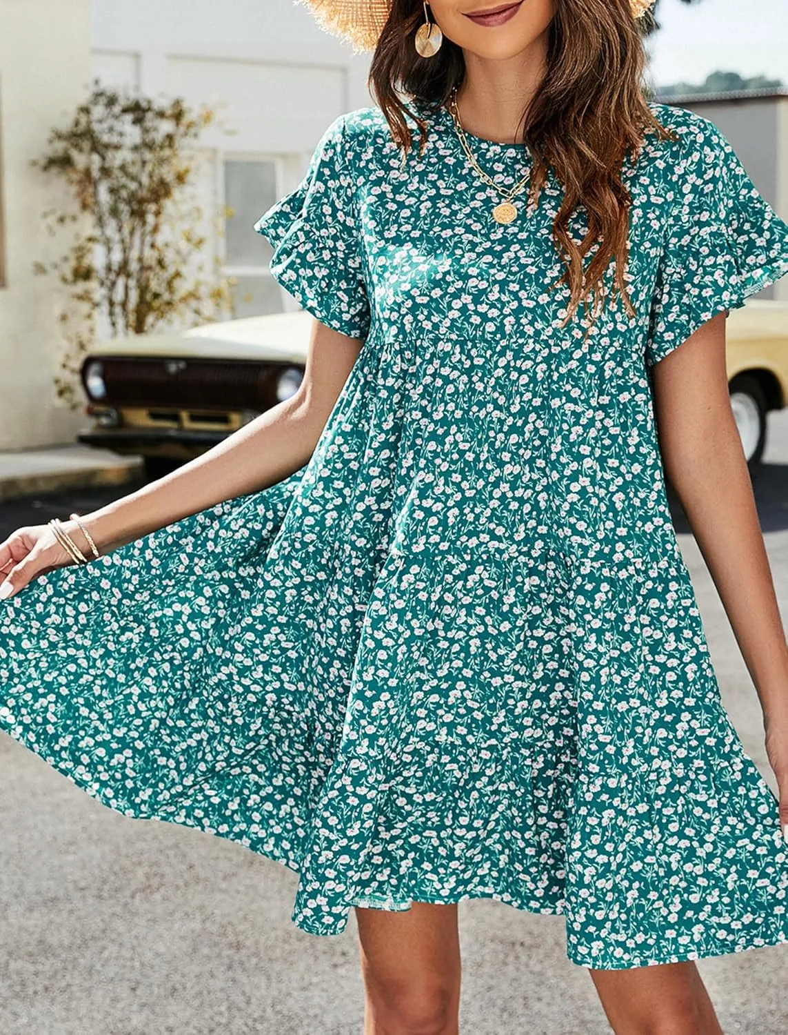 CORIRESHA Women's Summer Floral Print Ruffle Short Sleeves Crewneck Casual Babydoll Mini Dress